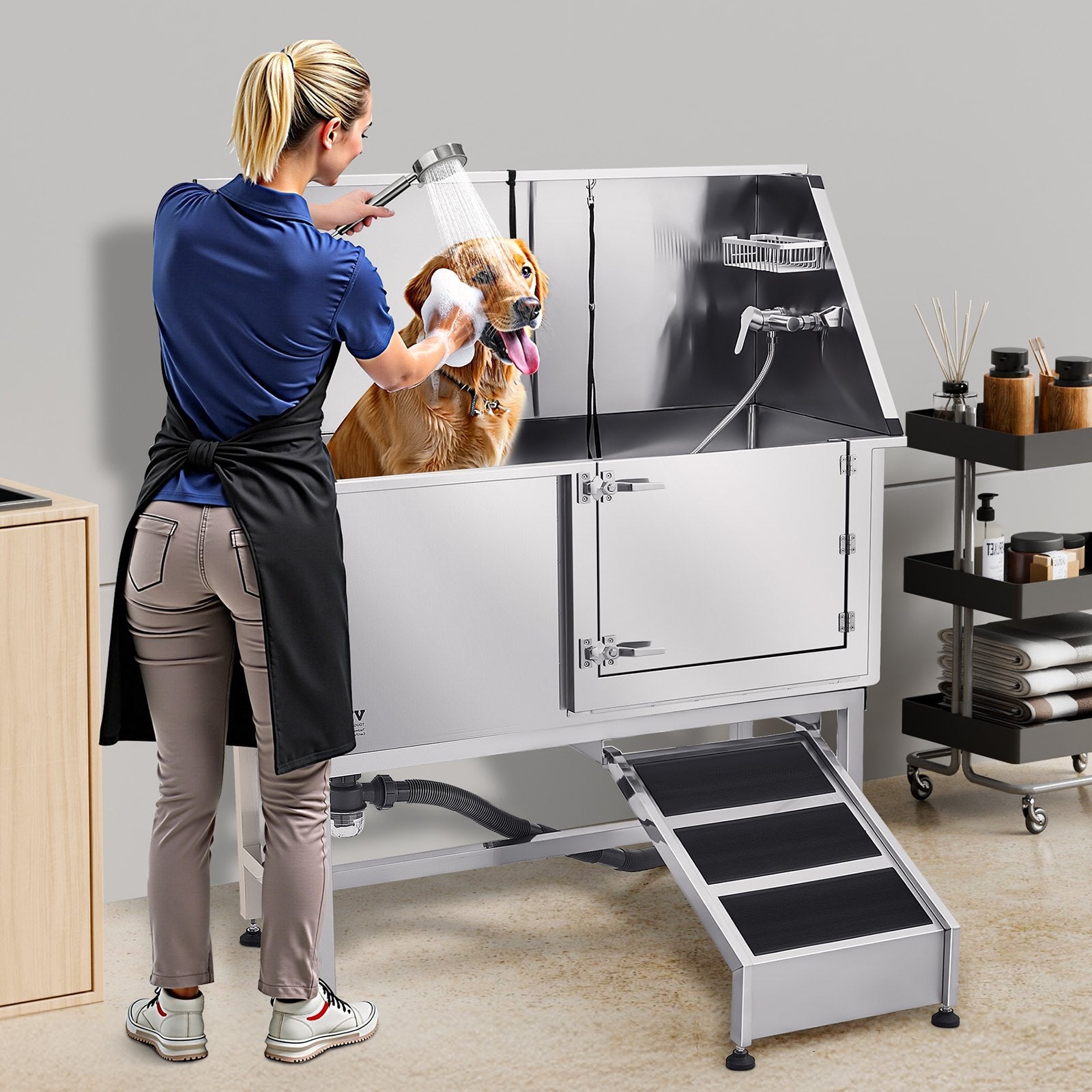 62 Inch Dog Grooming Bath Tub Stainless Steel W Ramp Water Filter