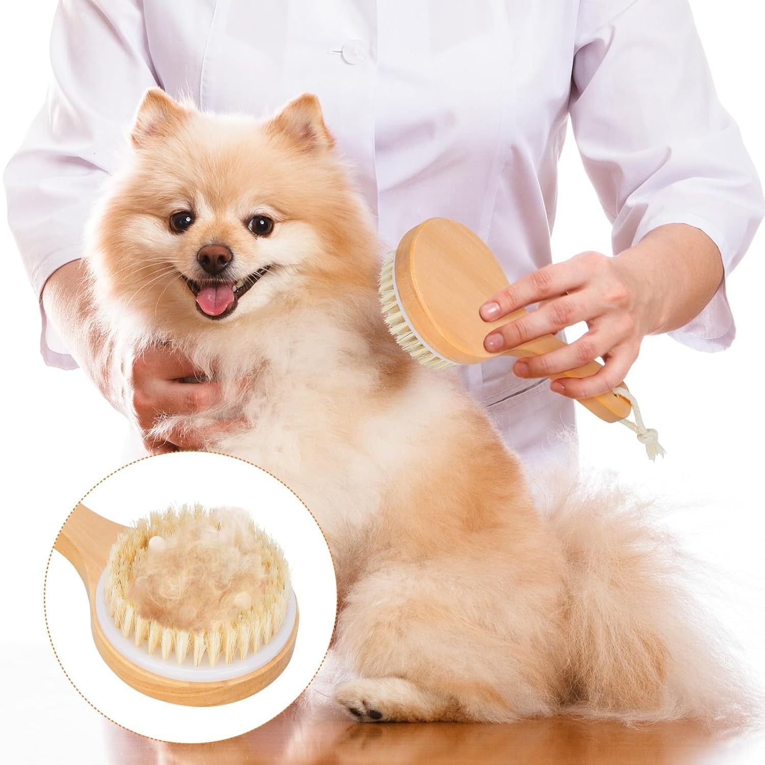 Pet Shampoo Brush With Massage Points Wooden Handle, And Natural Bristles For Dog And Cat Grooming