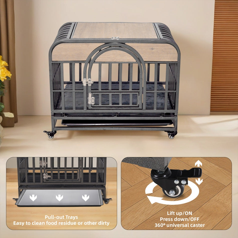 46in Heavy Duty Dog Crate, Furniture Style Dog Crate With Removable Trays And Wheels For High Anxiety Dogs