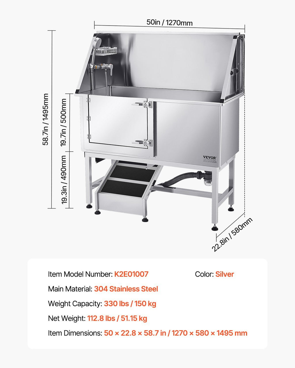 50 Inch Dog Grooming Bath Tub Stainless Steel W Ramp Water Filter Left