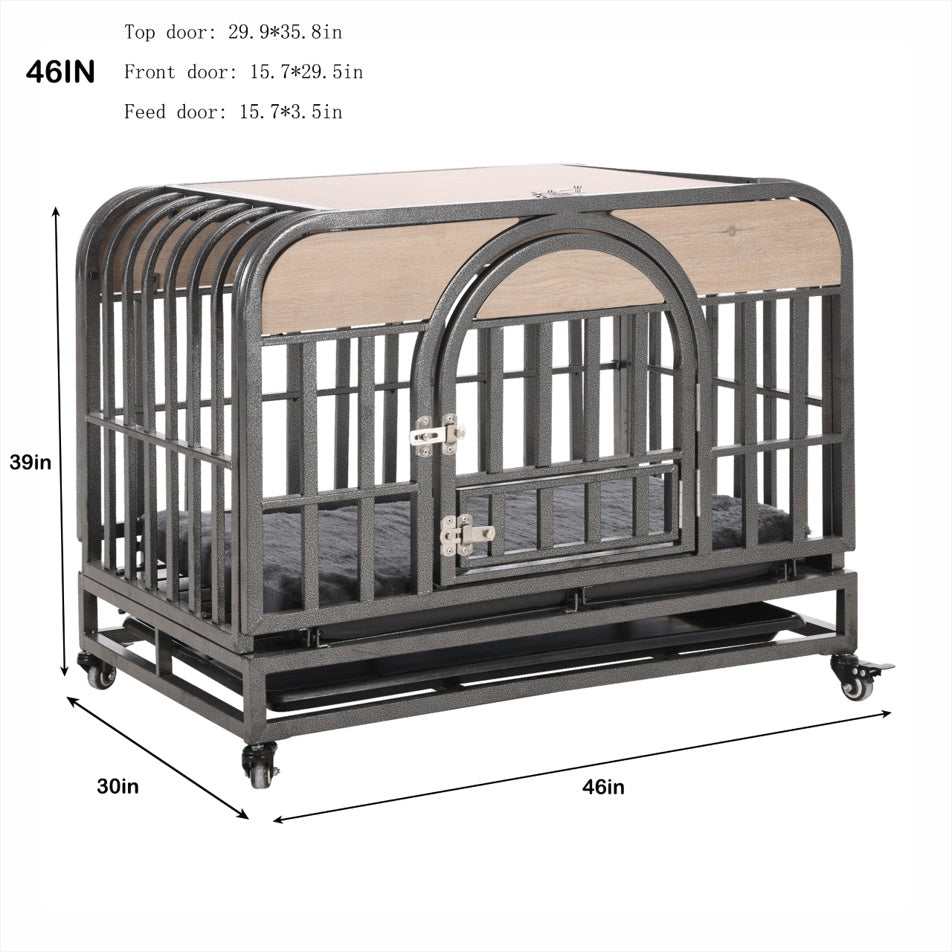 46in Heavy Duty Dog Crate, Furniture Style Dog Crate With Removable Trays And Wheels For High Anxiety Dogs