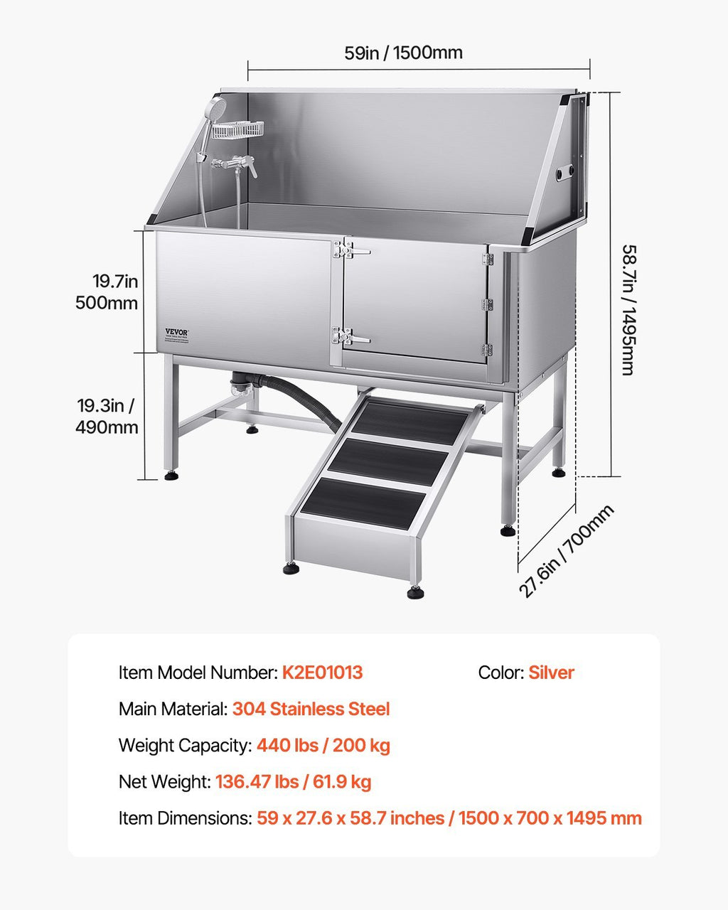 62 Inch Dog Grooming Bath Tub Stainless Steel W Ramp Water Filter